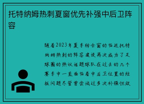 托特纳姆热刺夏窗优先补强中后卫阵容 托特纳姆热刺夏窗优先补强中后卫阵容